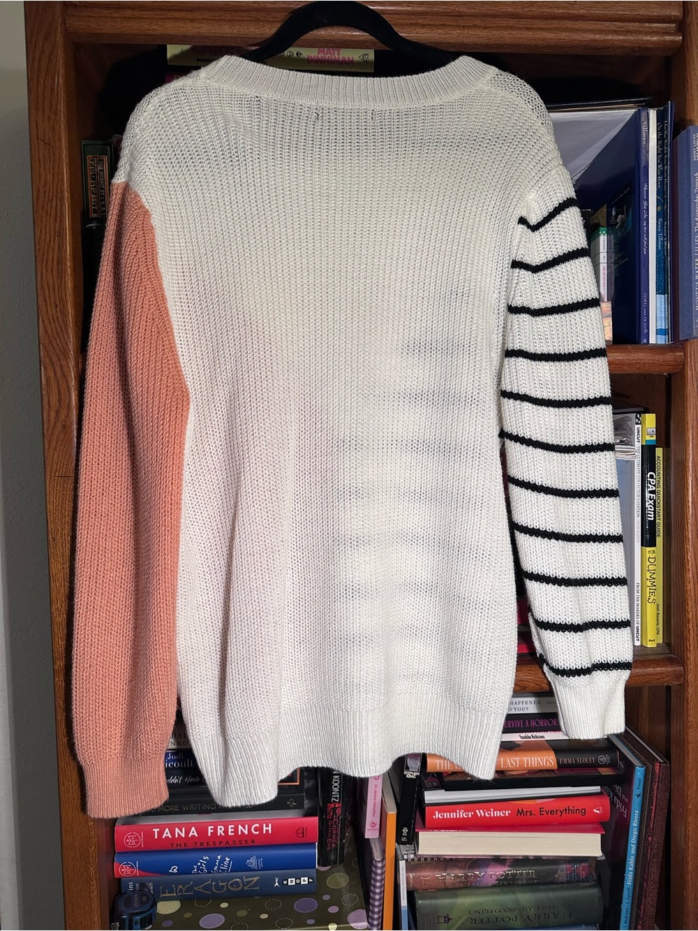 BloomChic Peachy/Pink, White & Black Striped Colorblock Crew Sweater - Picture 3 of 4